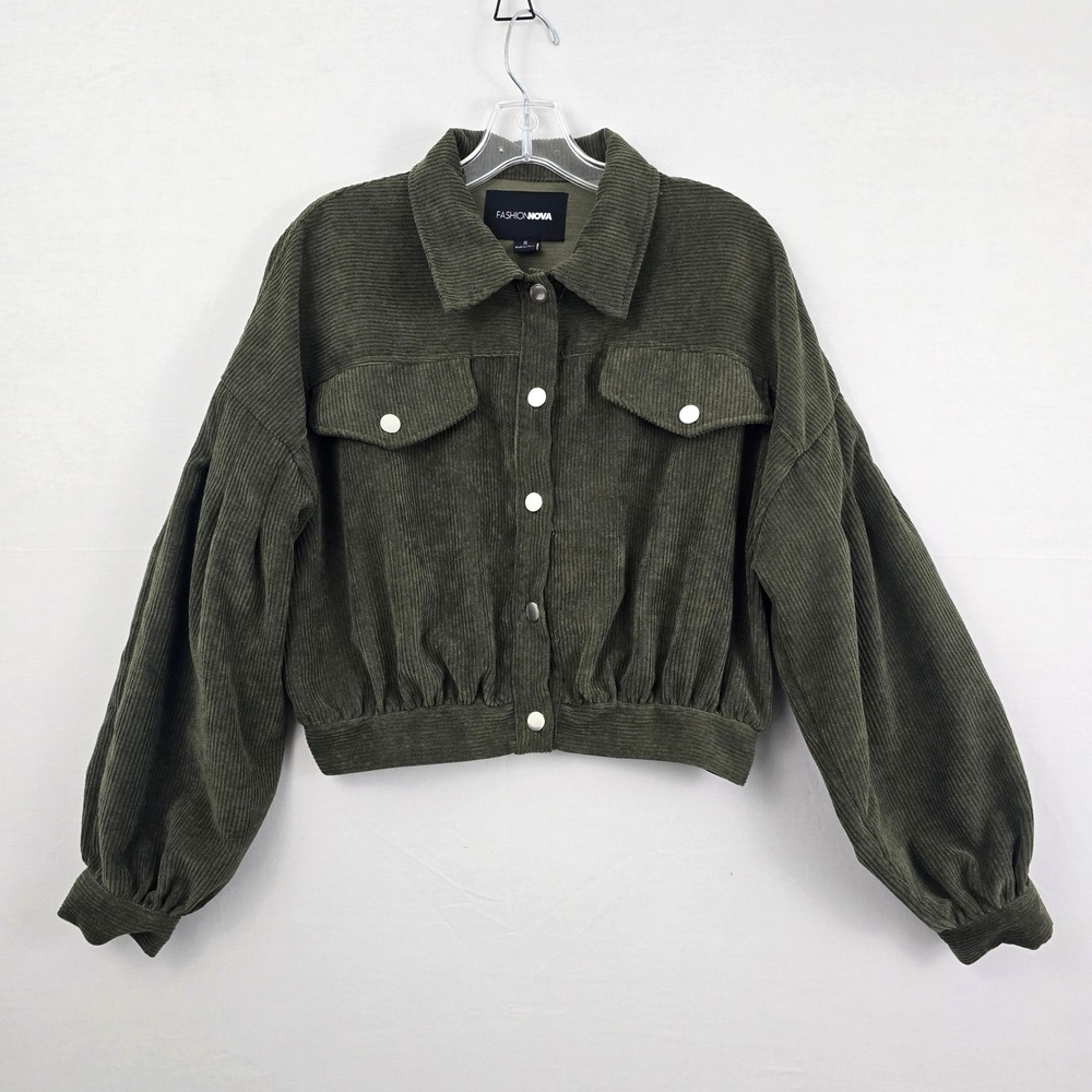 Fashion Nova Corduroy Cropped Puff Sleeve Collar Neck Jacket Green S‎